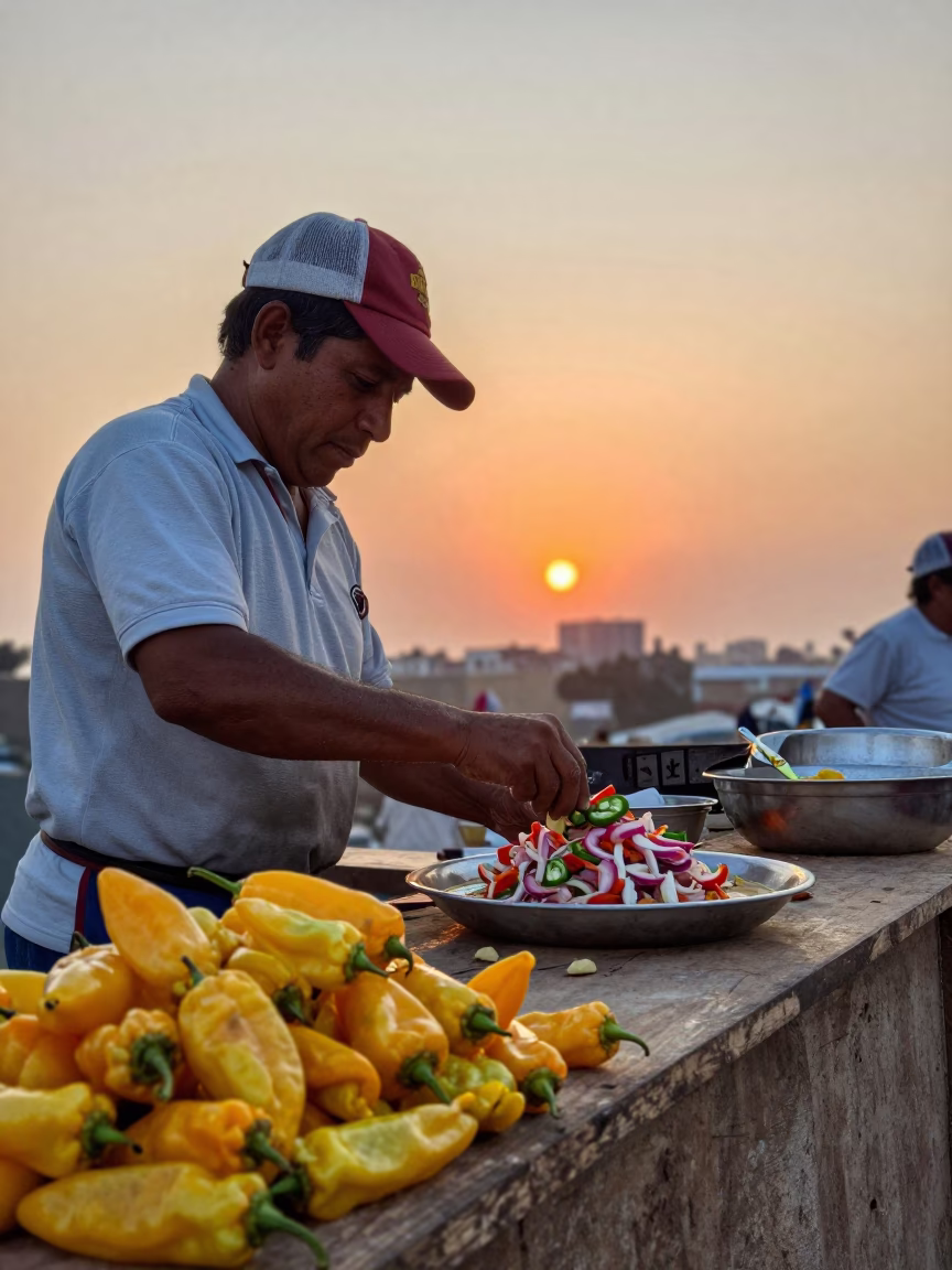 Preparing Ceviche at As The Sun Drops Toward The Horizon in Lima in in Lima, Peru