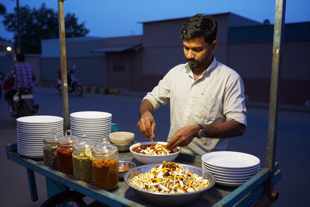 Preparing Chaat in Hyderabad at Twilight in in Hyderabad, India