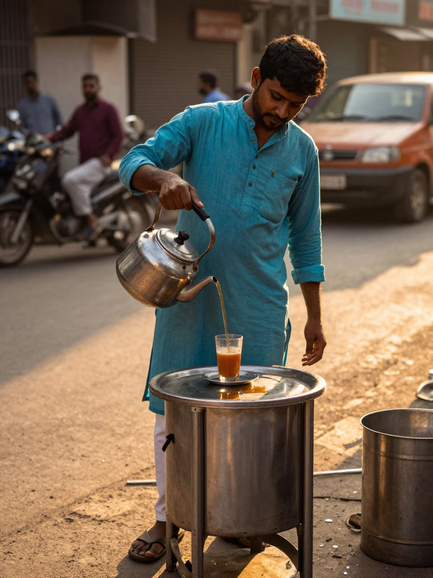 Preparing Chai in Mumbai at Honeyed Evening Light in in Mumbai, India