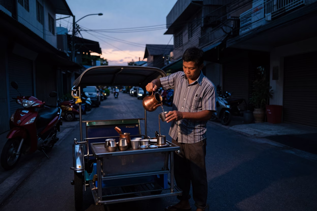 Preparing Coffee in Bangkok at Sunrise Light in in Bangkok, Thailand
