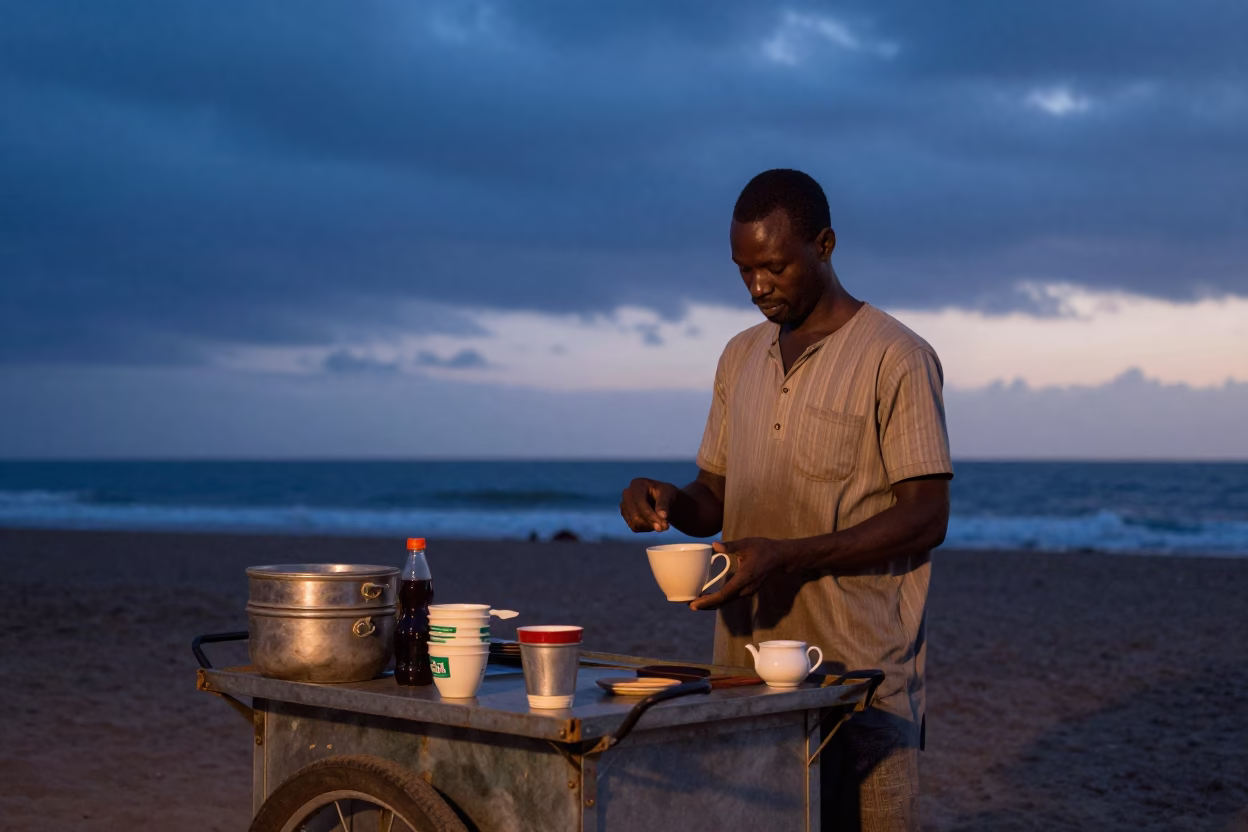 Preparing Coffee in Dakar at Nautical Dawn Light in in Dakar, Senegal