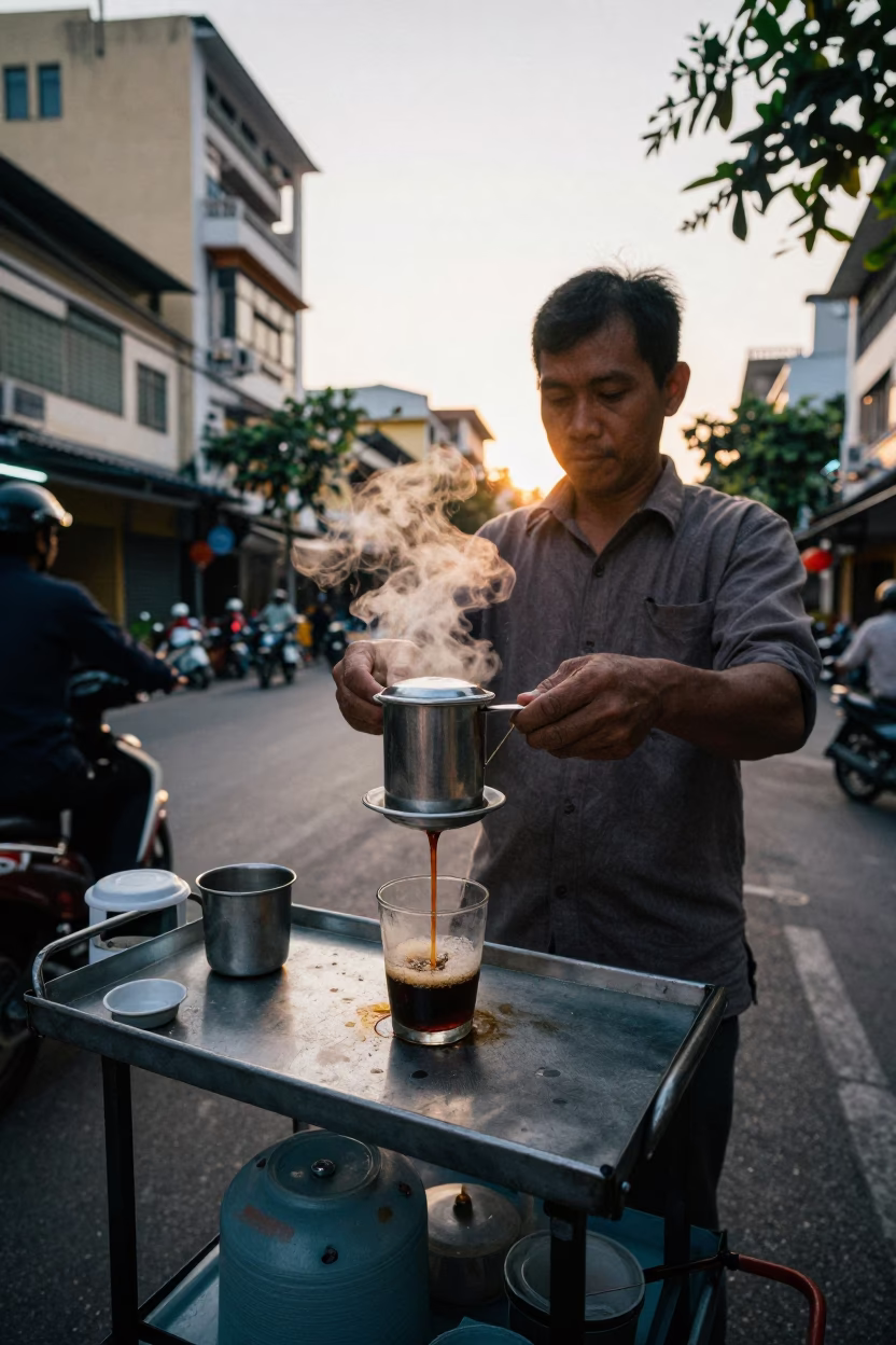 Preparing Coffee in Ho Chi Minh City at Nautical Dawn Light in in Ho Chi Minh City, Vietnam