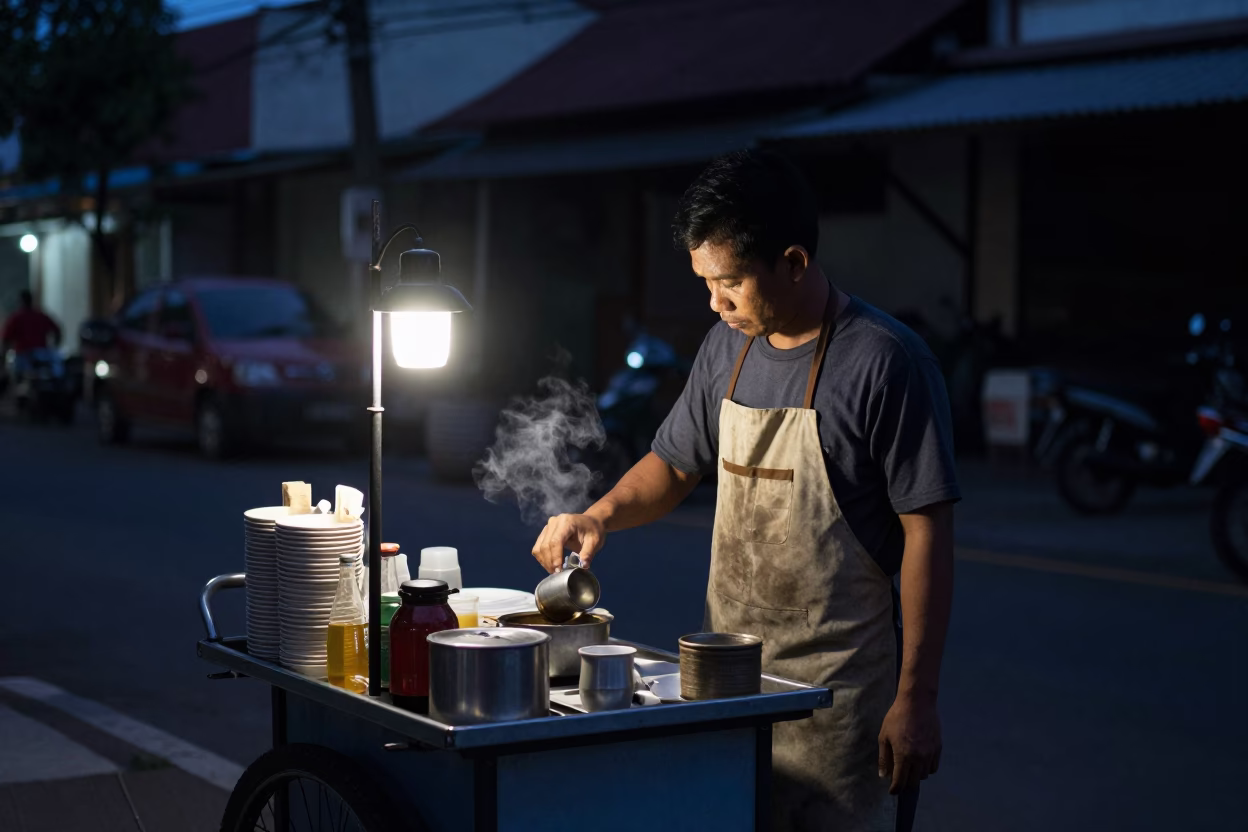 Preparing Coffee in Surabaya at The Predawn Darkness Light in in Surabaya, Indonesia