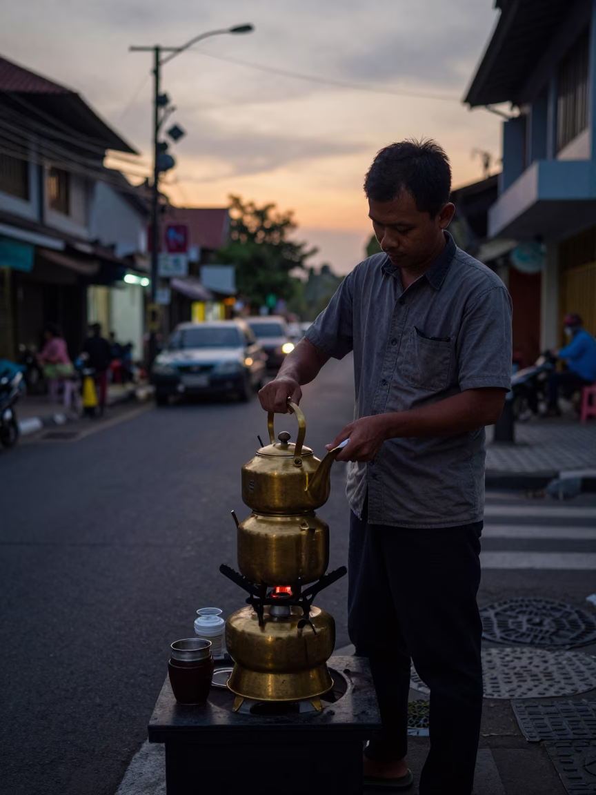 Preparing Coffee in Yogyakarta at The Still Hours Before Dawn Light in in Yogyakarta, Indonesia