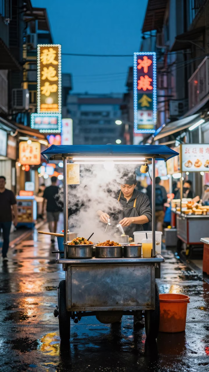 Preparing Dishes in Taipei at The Last Blue Light Of Evening in in Taipei, Taiwan