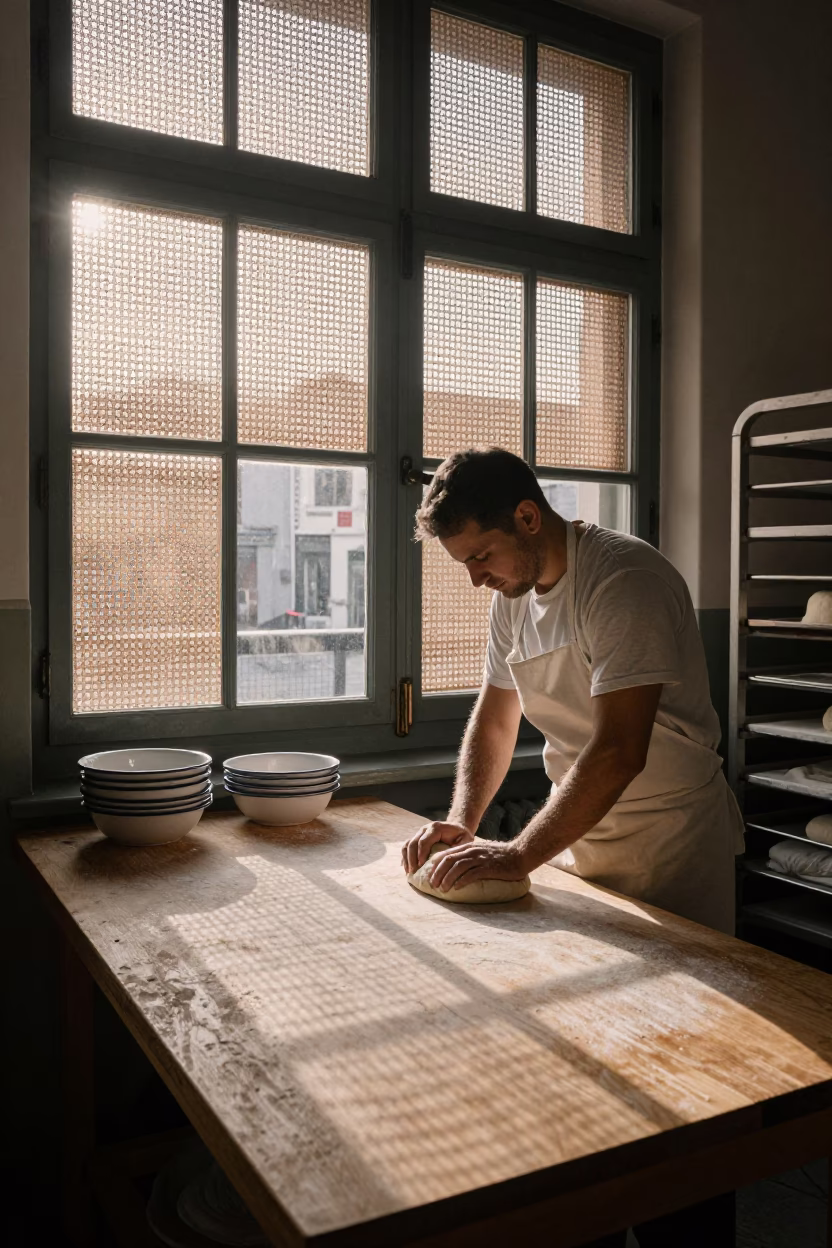 Preparing Dough in Brussels at Nautical Dawn Light in in Brussels, Belgium