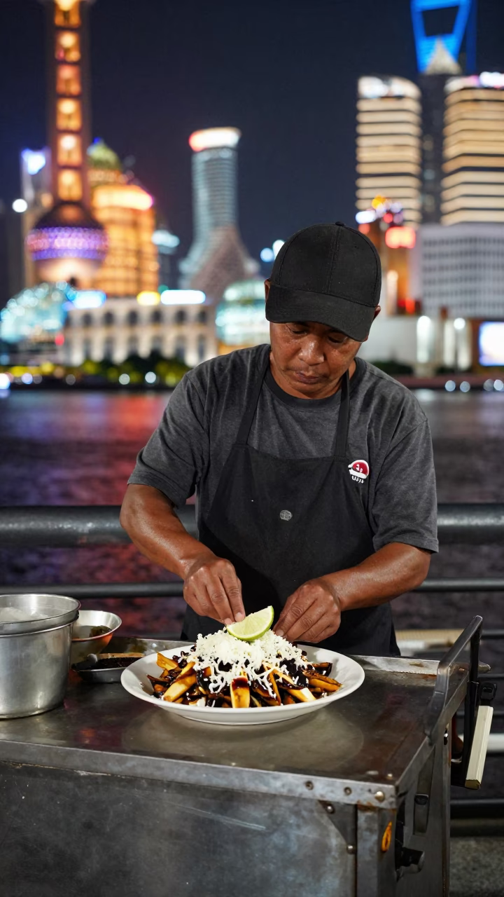 Preparing Elote in Shanghai at As City Lights Begin To Glow in in Shanghai, China