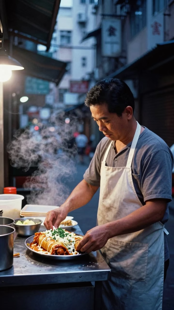 Preparing Enchiladas in Hong Kong at The Last Blue Light Of Evening in in Hong Kong, Hong Kong