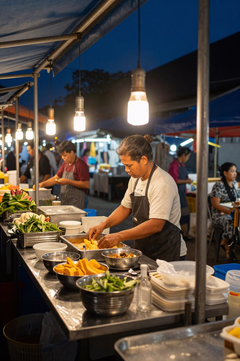 Preparing Food after dark in Chiang Mai in in Chiang Mai, Thailand