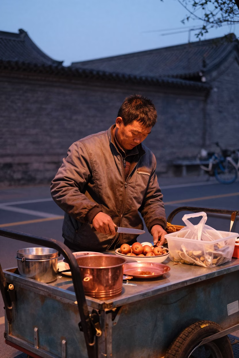 Preparing Food in Beijing at Copper-toned Light Before Dusk in in Beijing, China