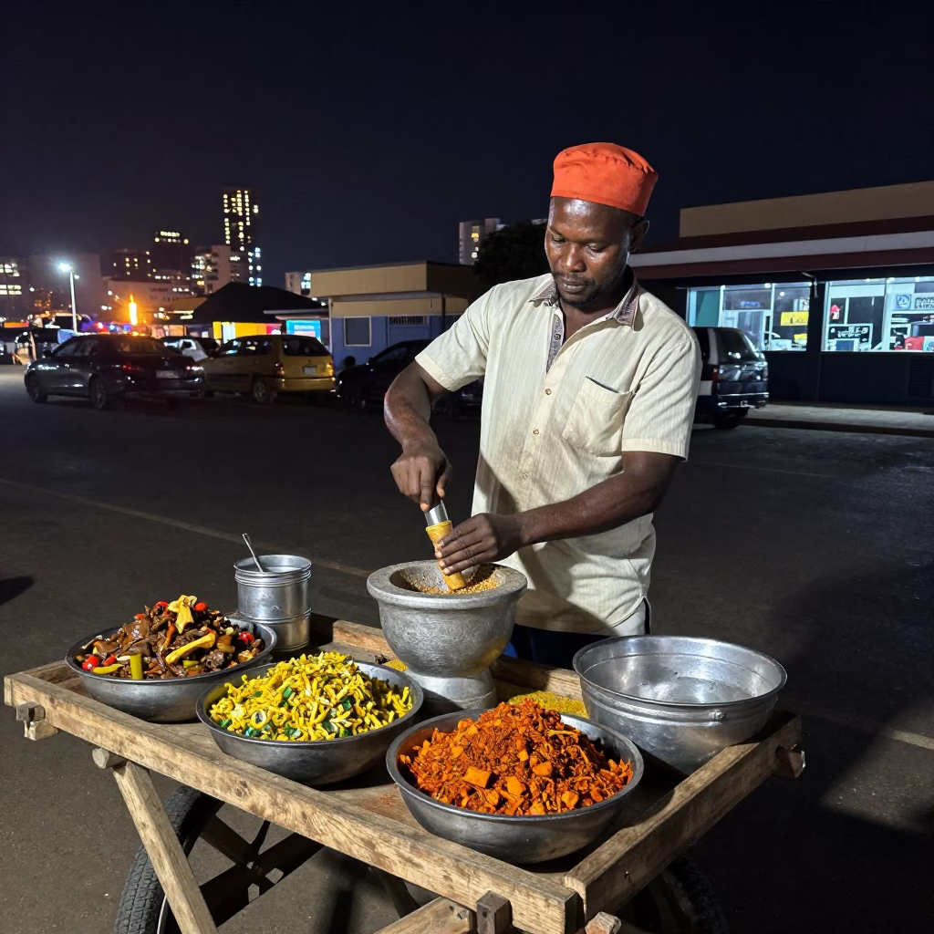 Preparing Food in Durban at As City Lights Begin To Glow in in Durban, South Africa