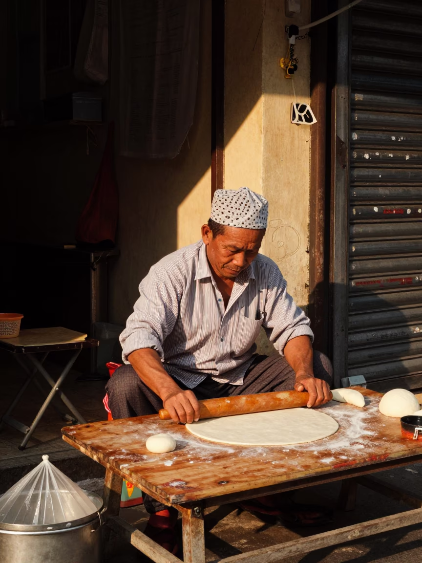 Preparing Food in Hanoi at Late Afternoon Light in in Hanoi, Vietnam