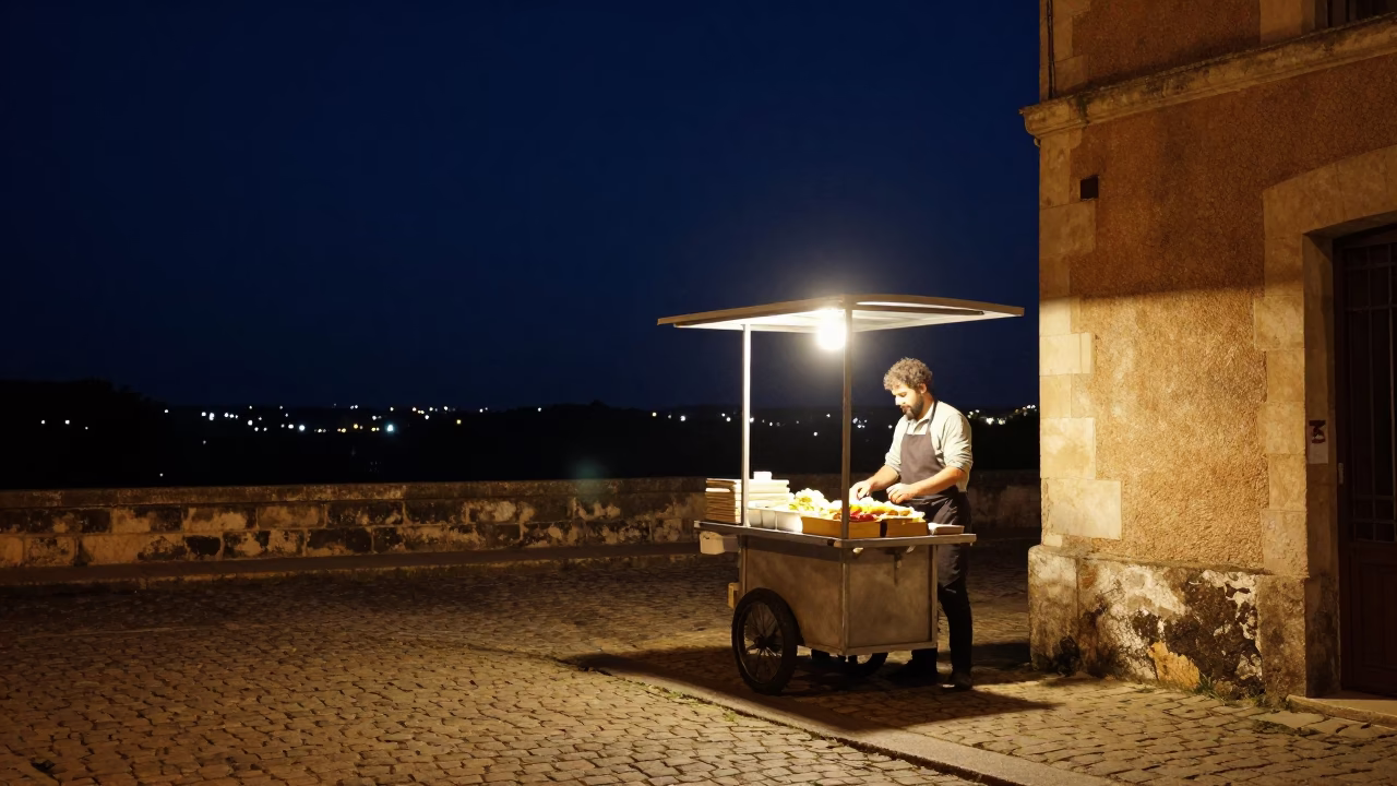 Preparing Food in Nice at The Deepest Night Sky Light in in Nice, France