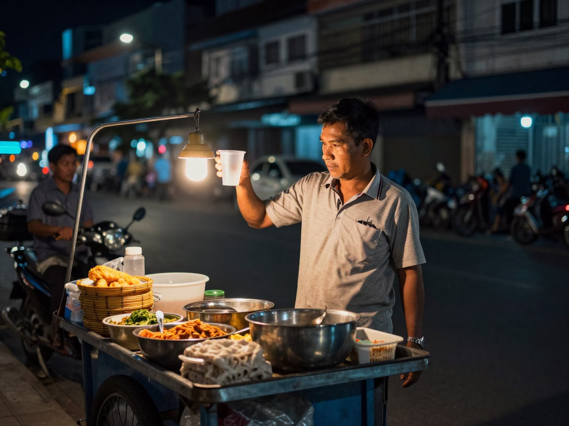 Preparing Food in Phnom Penh at As City Lights Begin To Glow in in Phnom Penh, Cambodia