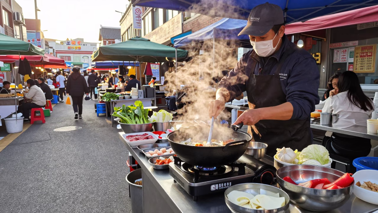 Preparing Food in Seoul at The Late Afternoon Light in in Seoul, South Korea