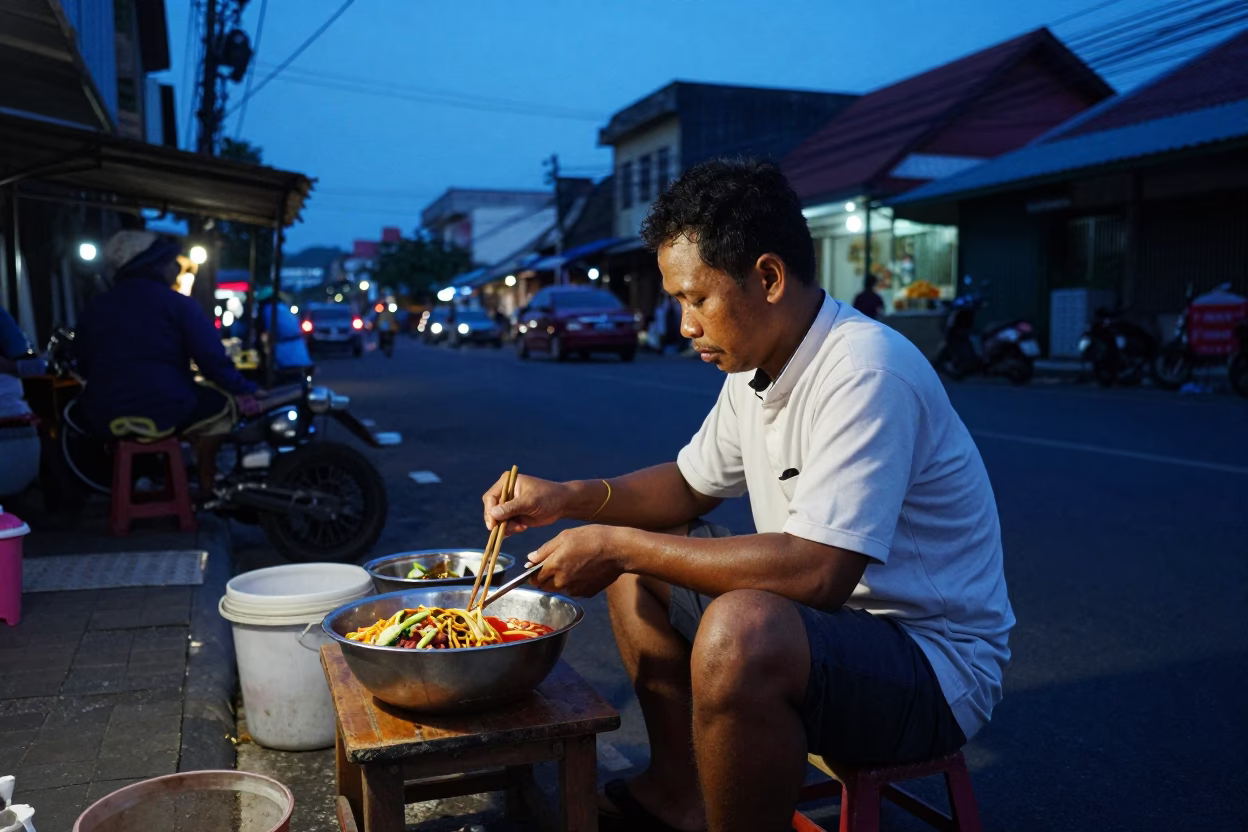 Preparing Food in Surabaya at The Predawn Darkness Light in in Surabaya, Indonesia