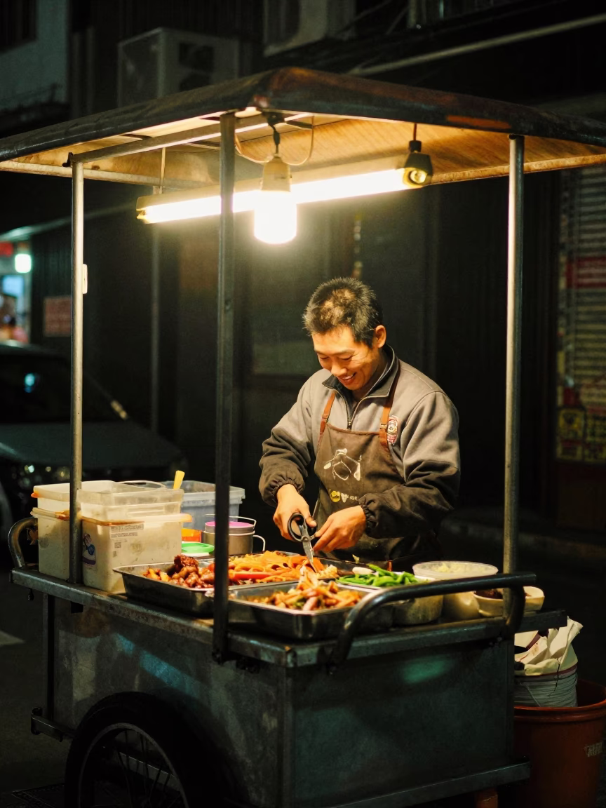 Preparing Food in Taipei at The Deepest Night Sky Light in in Taipei, Taiwan