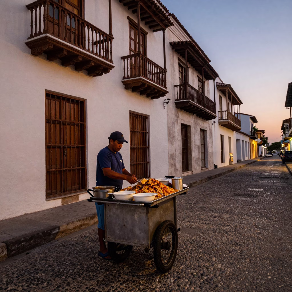 Preparing Koshari in Cartagena at The Still Hours Before Dawn Light in in Cartagena, Colombia