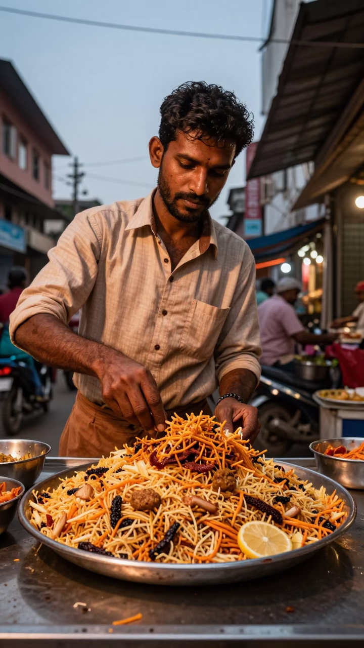 Preparing Koshari in Chennai at Copper-toned Light Before Dusk in in Chennai, India