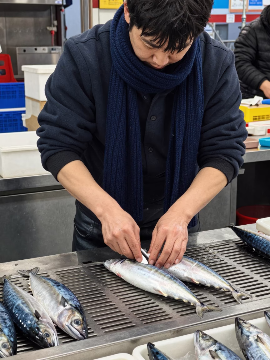 Preparing Mackerel in Busan in in Busan, South Korea