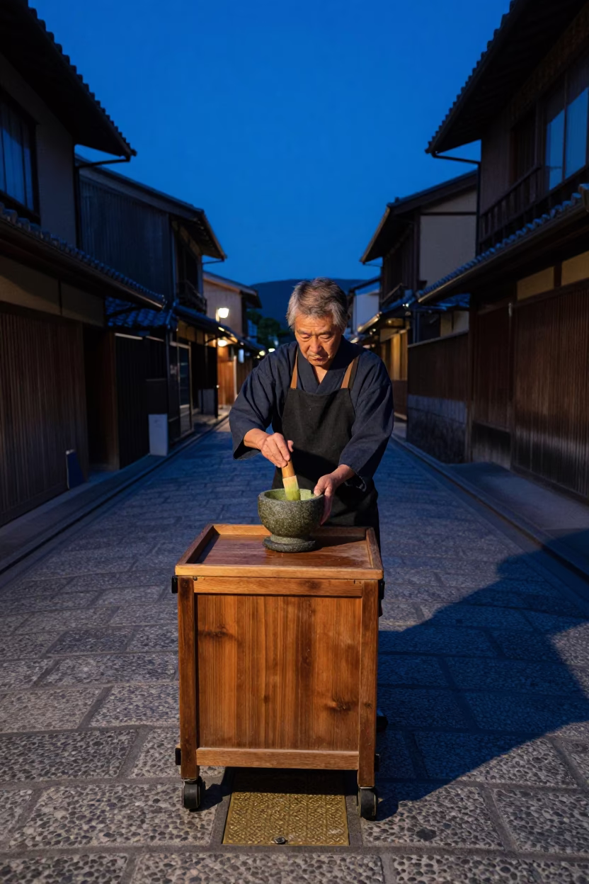 Preparing Matcha in Kyoto at The Still Hours Before Dawn Light in in Kyoto, Japan
