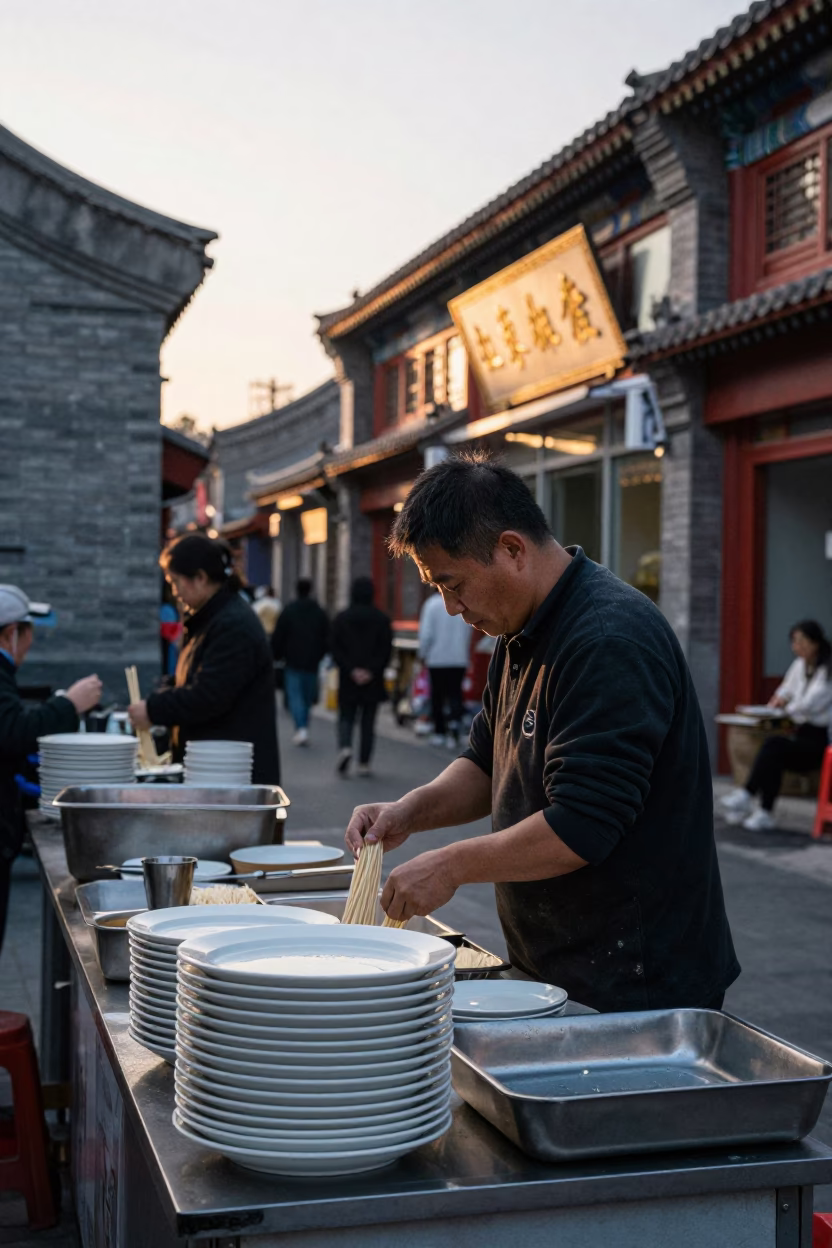 Preparing Noodles in Beijing at First Light Of Dawn in in Beijing, China
