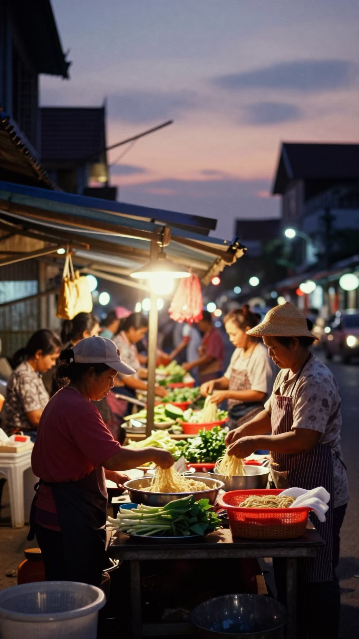 Preparing Noodles in Chiang Mai at As City Lights Begin To Glow in in Chiang Mai, Thailand