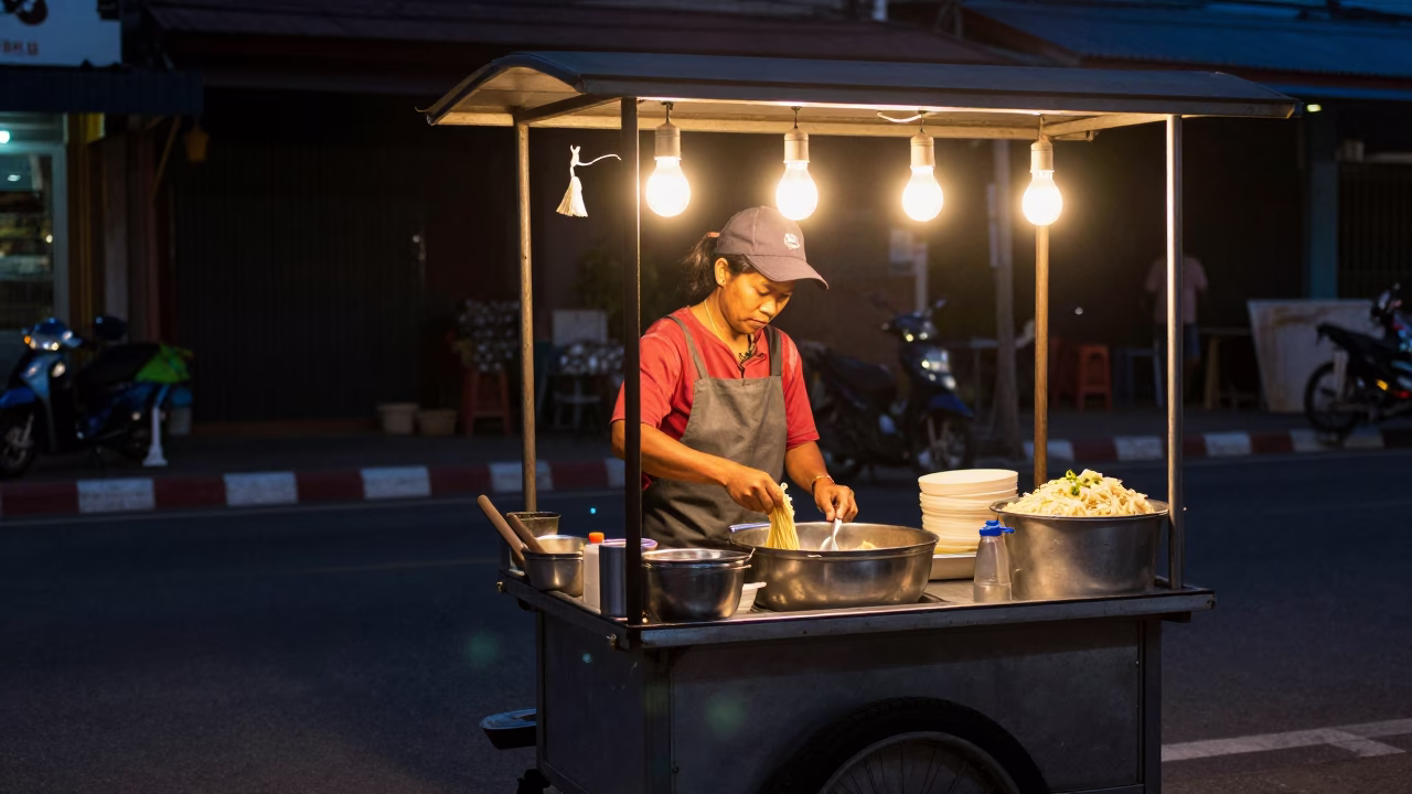 Preparing Noodles in Phuket at The Predawn Darkness Light in in Phuket, Thailand