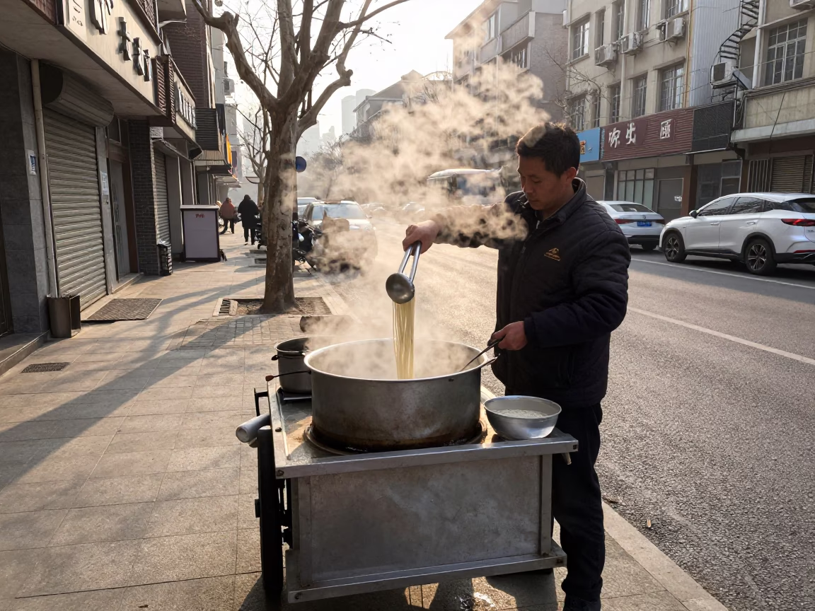 Preparing Noodles in Shanghai at The Early Morning Light in in Shanghai, China