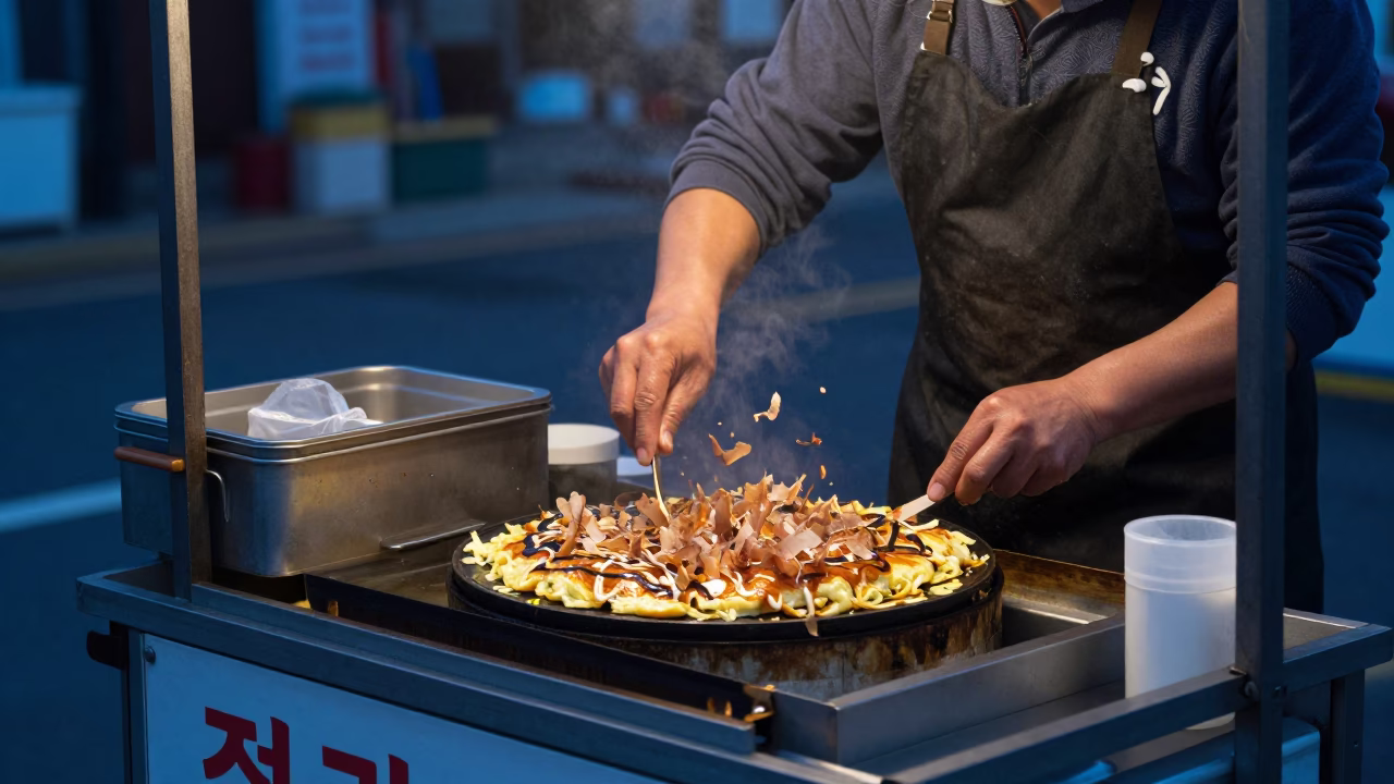 Preparing Okonomiyaki in Seoul at Sunrise Light in in Seoul, South Korea