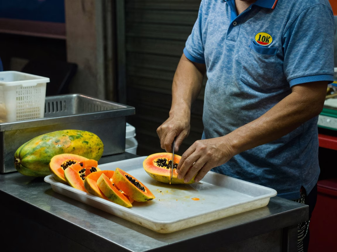Preparing Papayas in Hong Kong at Deep In The Night Light in in Hong Kong, Hong Kong