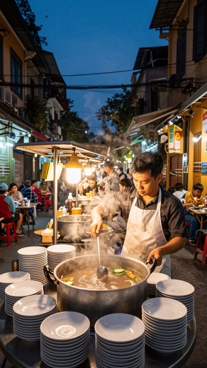 Preparing Pho at Twilight in Hanoi in in Hanoi, Vietnam