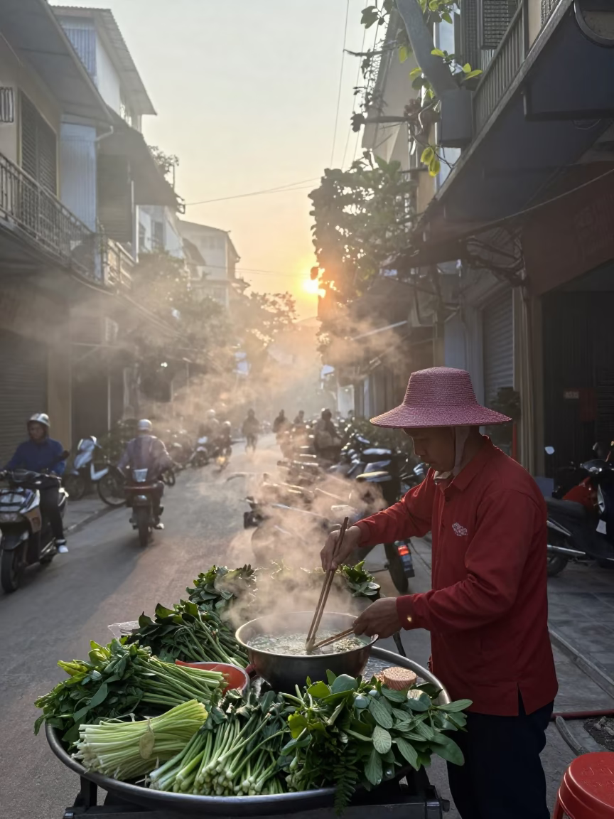 Preparing Pho in Hanoi at First Light Of Dawn in in Hanoi, Vietnam