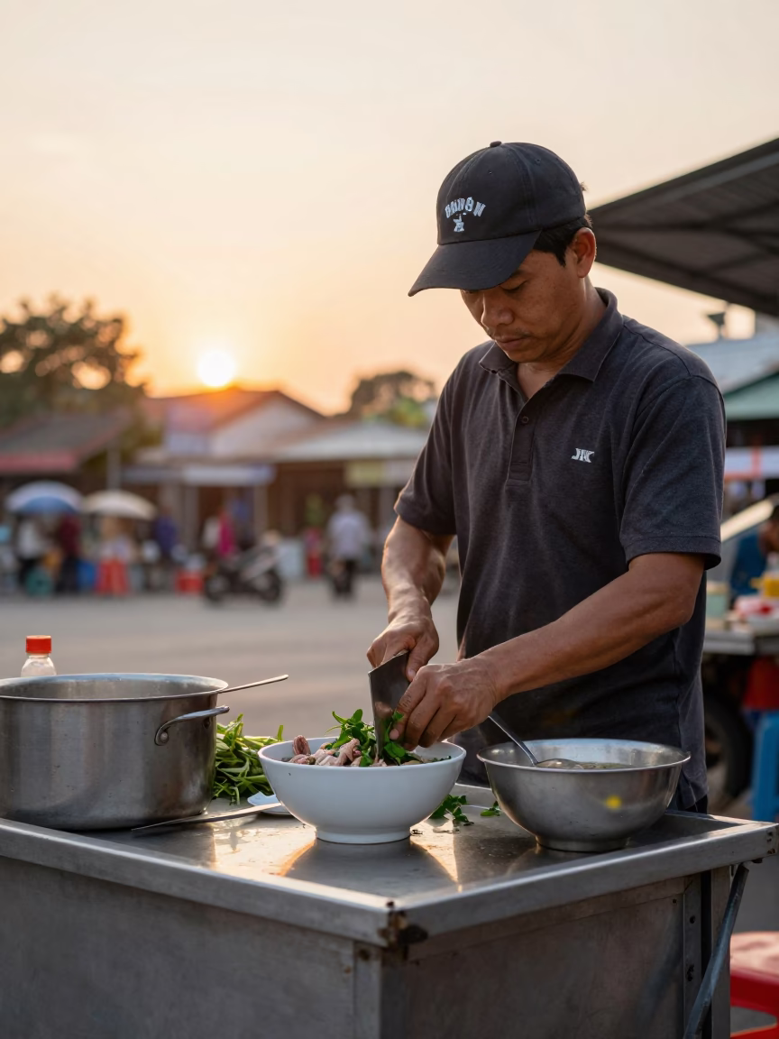 Preparing Pho in Hanoi at Golden Hour in in Hanoi, Vietnam