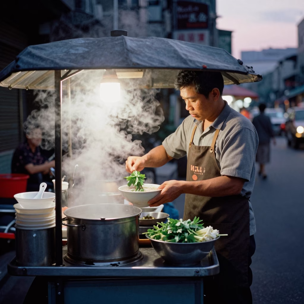 Preparing Pho in Taipei at The Still Hours Before Dawn Light in in Taipei, Taiwan