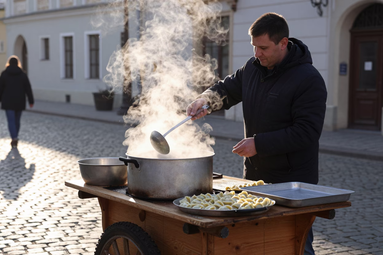 Preparing Pierogi just after sunrise in Krakow in in Krakow, Poland