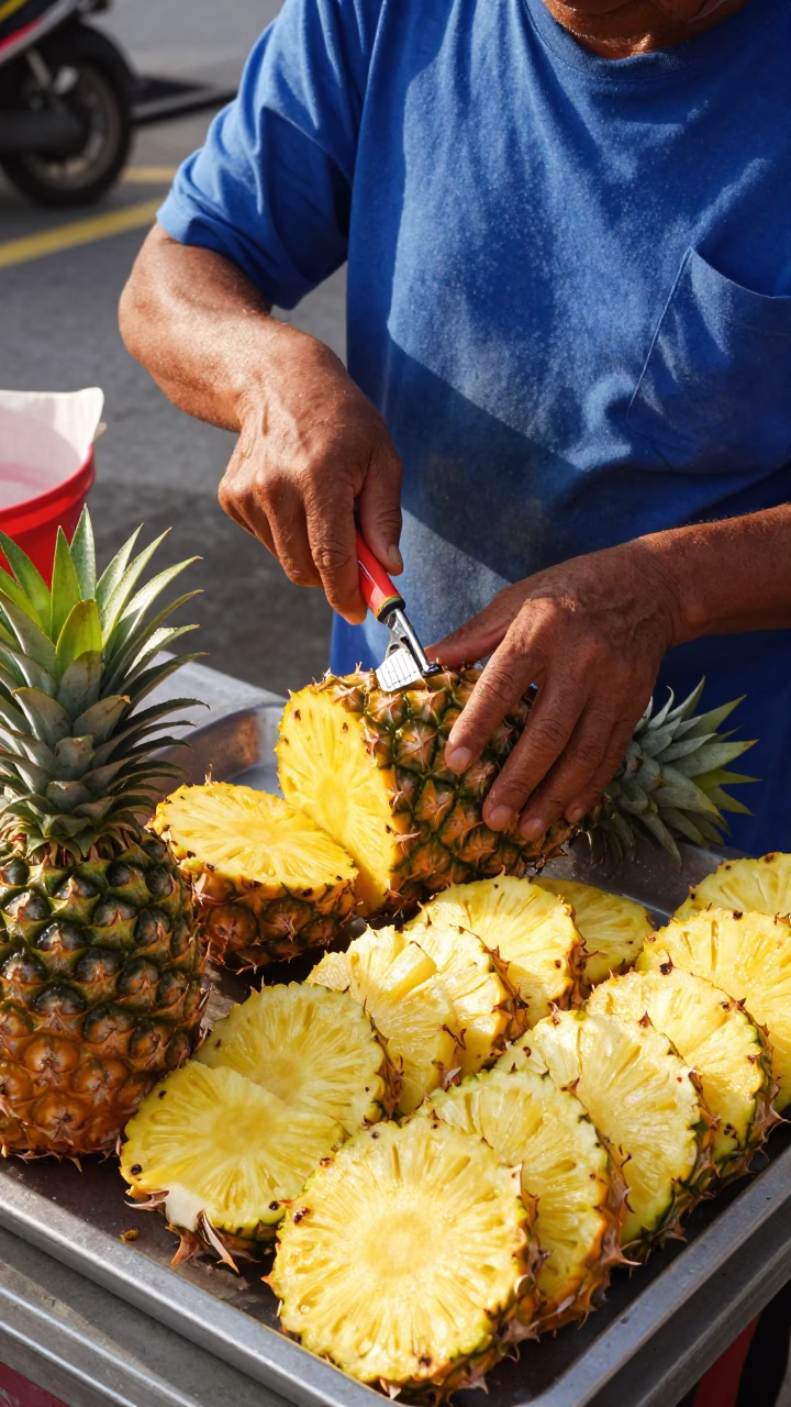Preparing Pineapple in Kuala Lumpur in in Kuala Lumpur, Malaysia