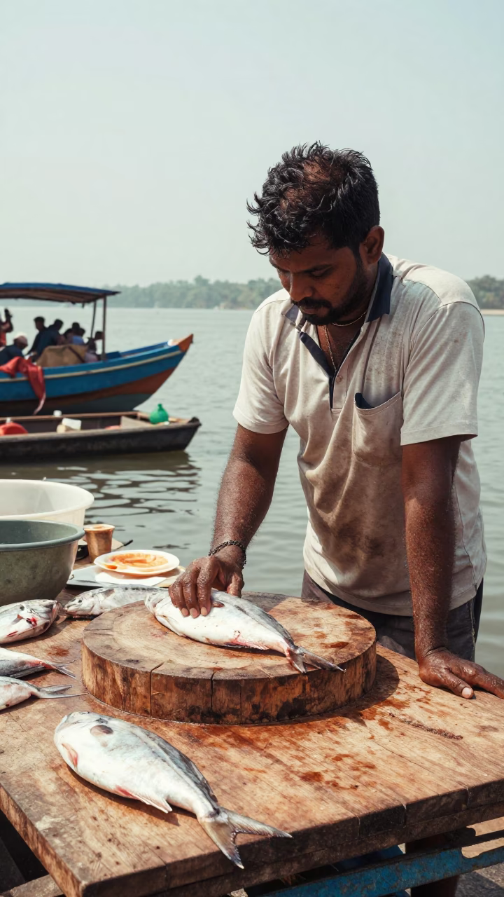 Preparing Pomfret in Kochi in in Kochi, India