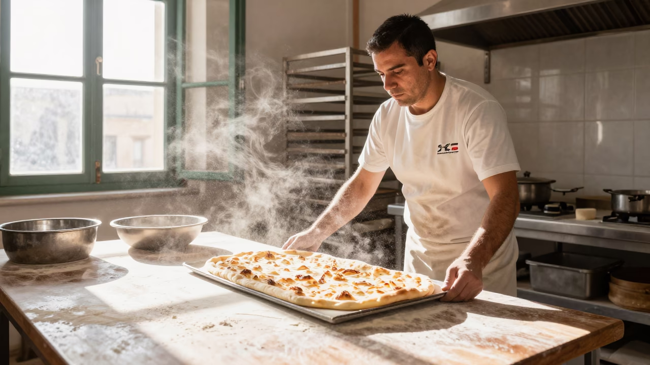 Preparing Sfincione in Palermo in in Palermo, Italy