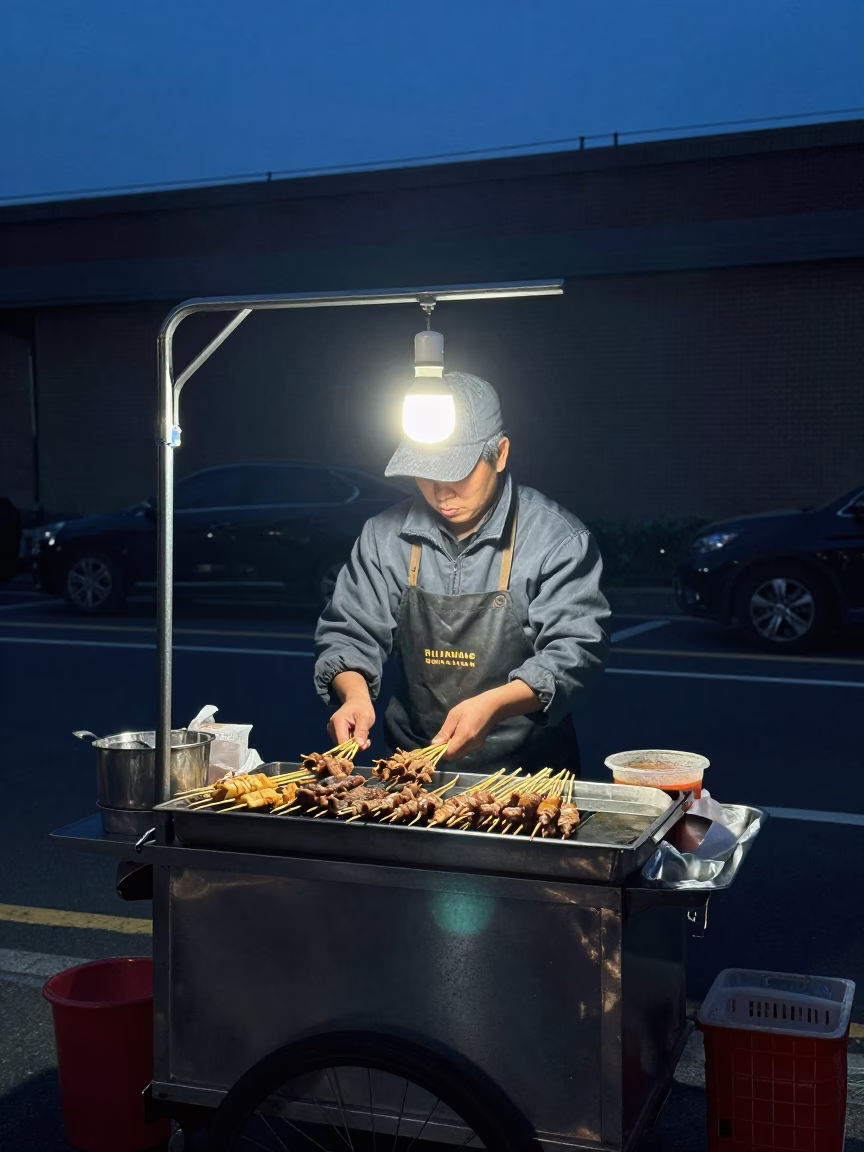 Preparing Skewers at The Predawn Darkness Light in Taipei in in Taipei, Taiwan