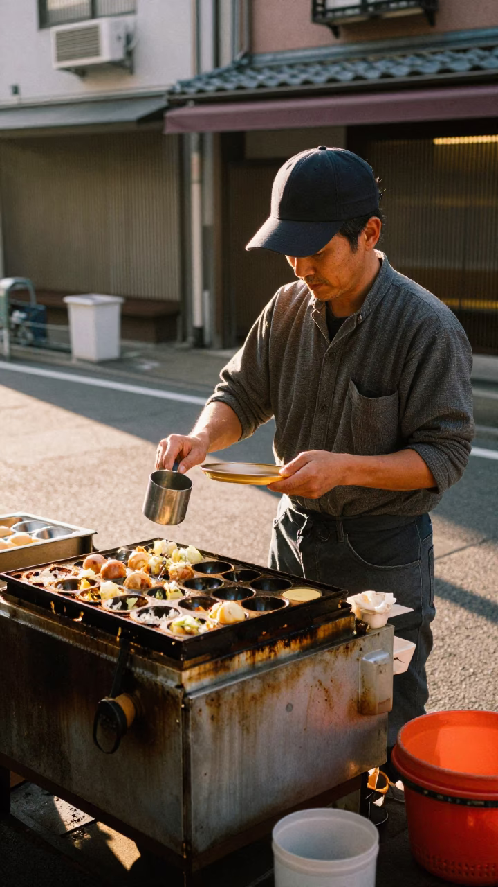 Preparing Takoyaki in Osaka at The Late Morning Light in in Osaka, Japan