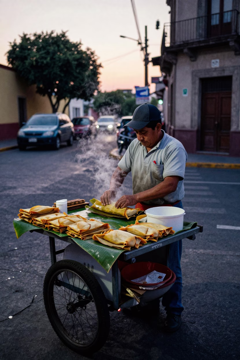 Preparing Tamales in Mexico City at The Still Hours Before Dawn Light in in Mexico City, Mexico