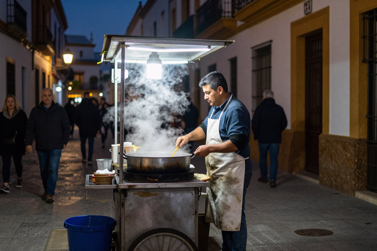 Preparing Tapas after dark in Seville in in Seville, Spain