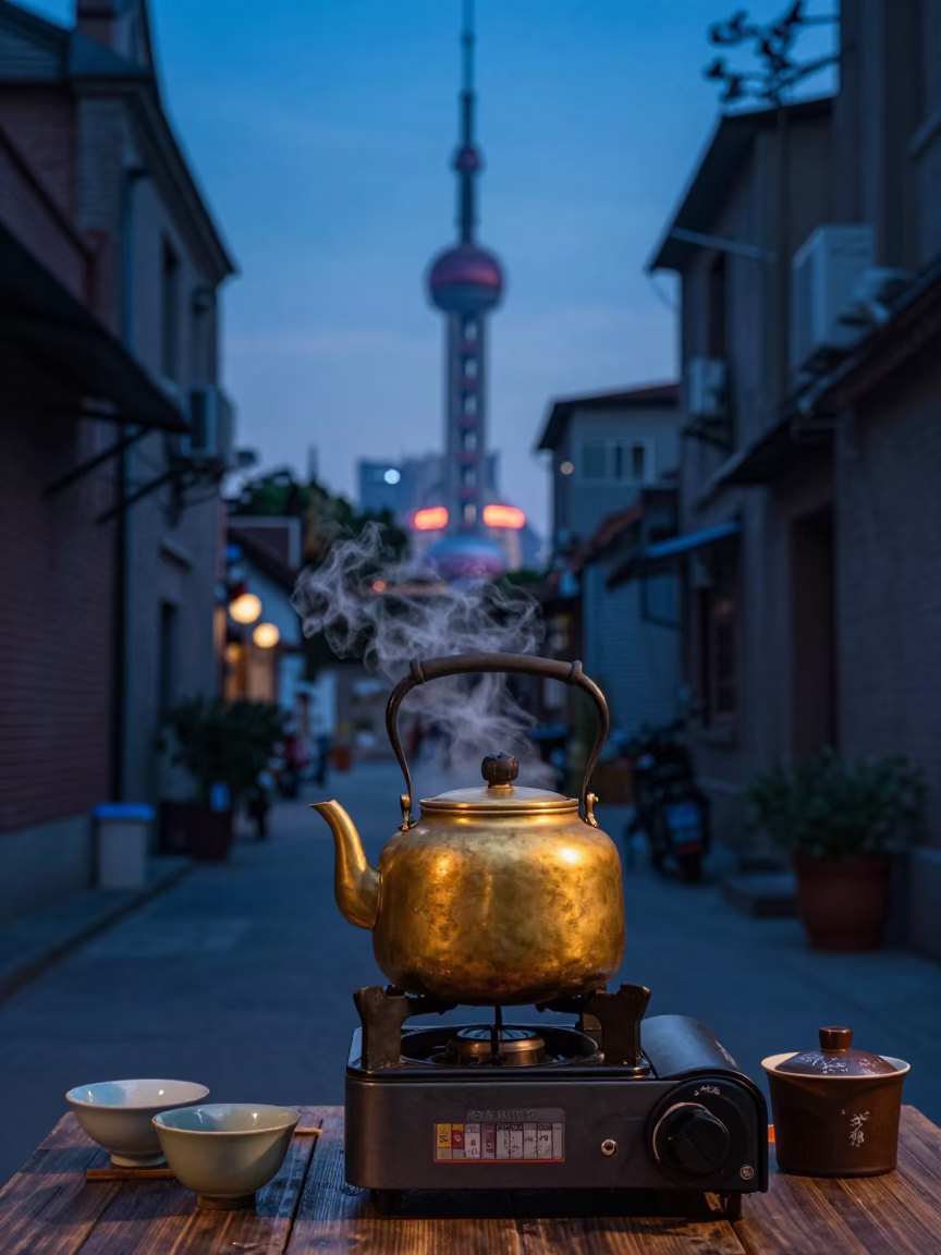 Preparing Tea at Indigo Twilight After Sunset in Shanghai in in Shanghai, China
