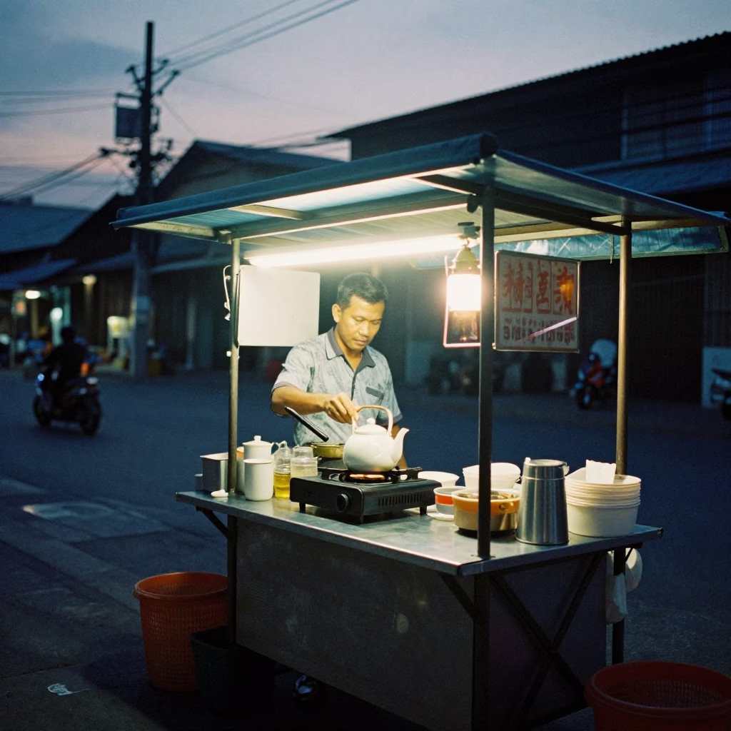 Preparing Tea in Bangkok at The Still Hours Before Dawn Light in in Bangkok, Thailand