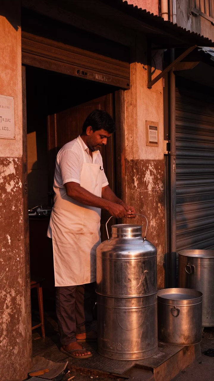 Preparing Tea in Chennai at Copper-toned Light Before Dusk in in Chennai, India