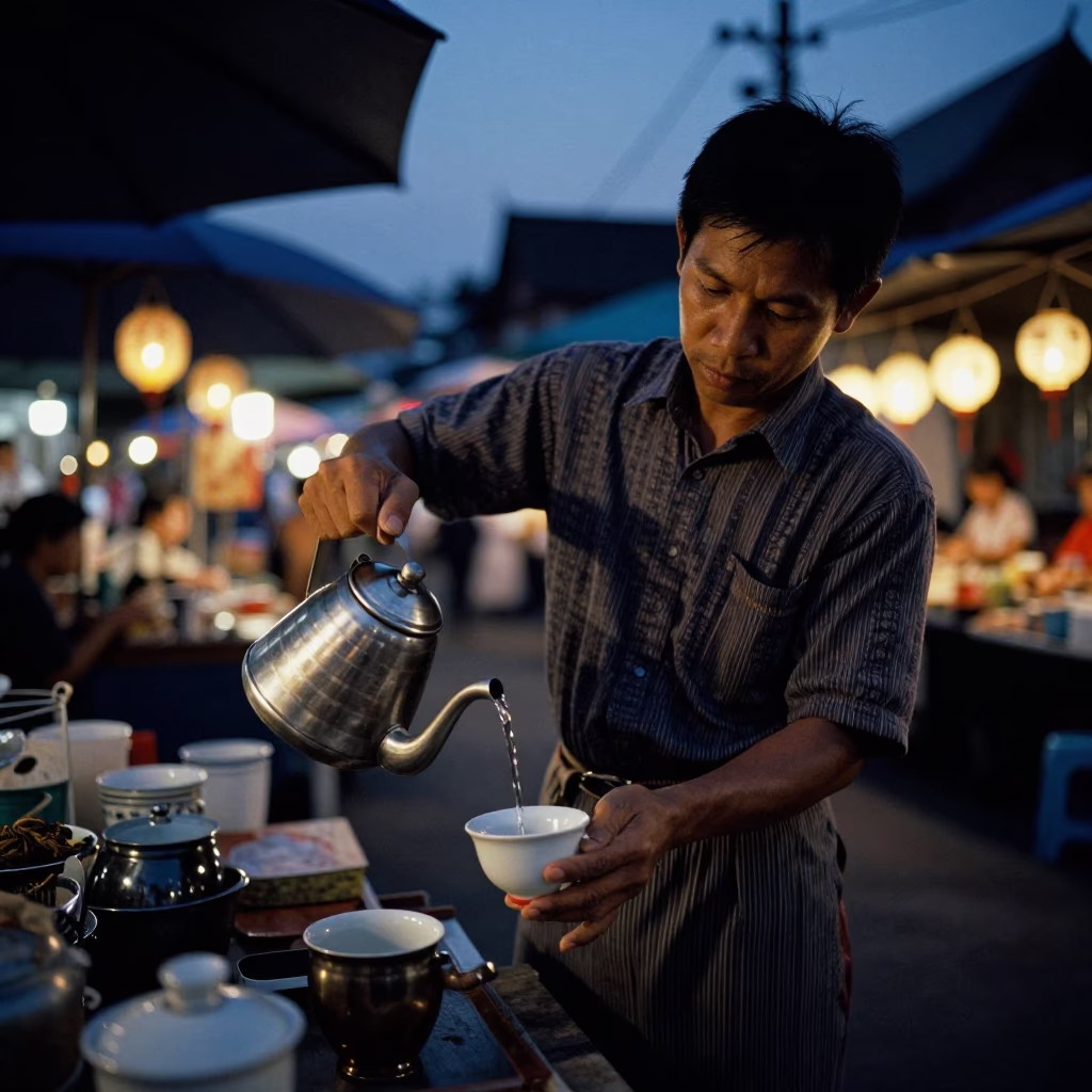 Preparing Tea in Chiang Mai at The Predawn Darkness Light in in Chiang Mai, Thailand
