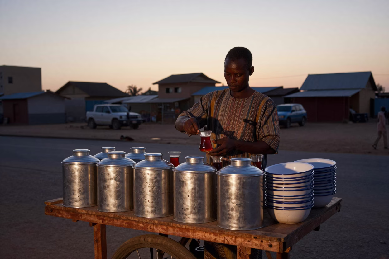 Preparing Tea in Dakar at The Still Hours Before Dawn Light in in Dakar, Senegal