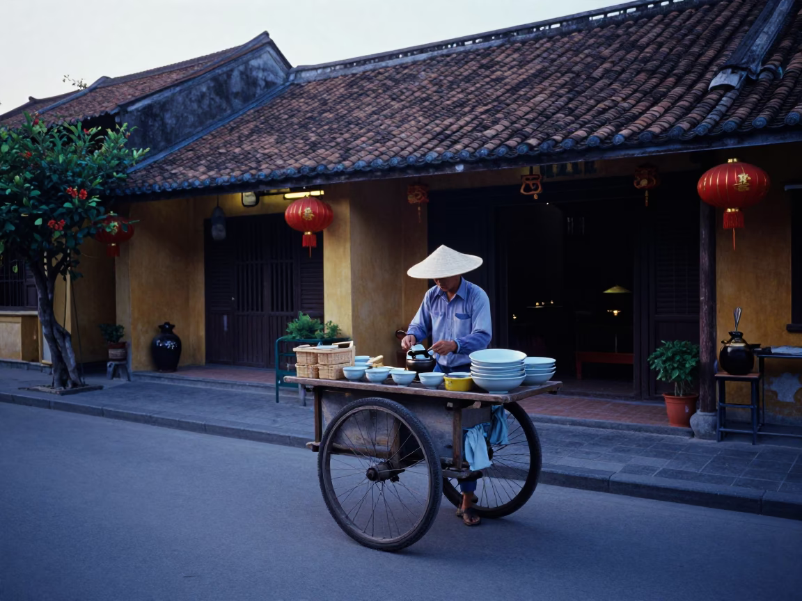 Preparing Tea in Hoi An at Sunrise Light in in Hoi An, Vietnam