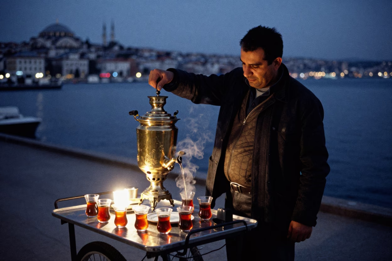Preparing Tea in Izmir at The Predawn Darkness Light in in Izmir, Turkey
